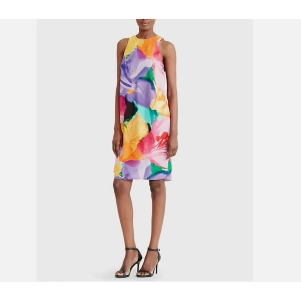 New Lauren Ralph Lauren Women Petite Floral Sleeveless Ruffle Dress‎ Dopamine 2P